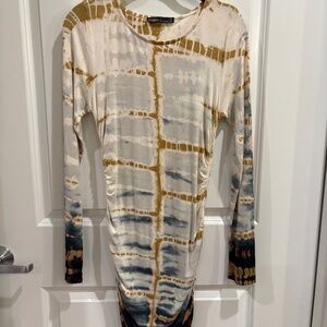 Gypsy 05 Tie Dye Cream/Blue Mini Dress Fitted Long Sleeve Rushed Sides